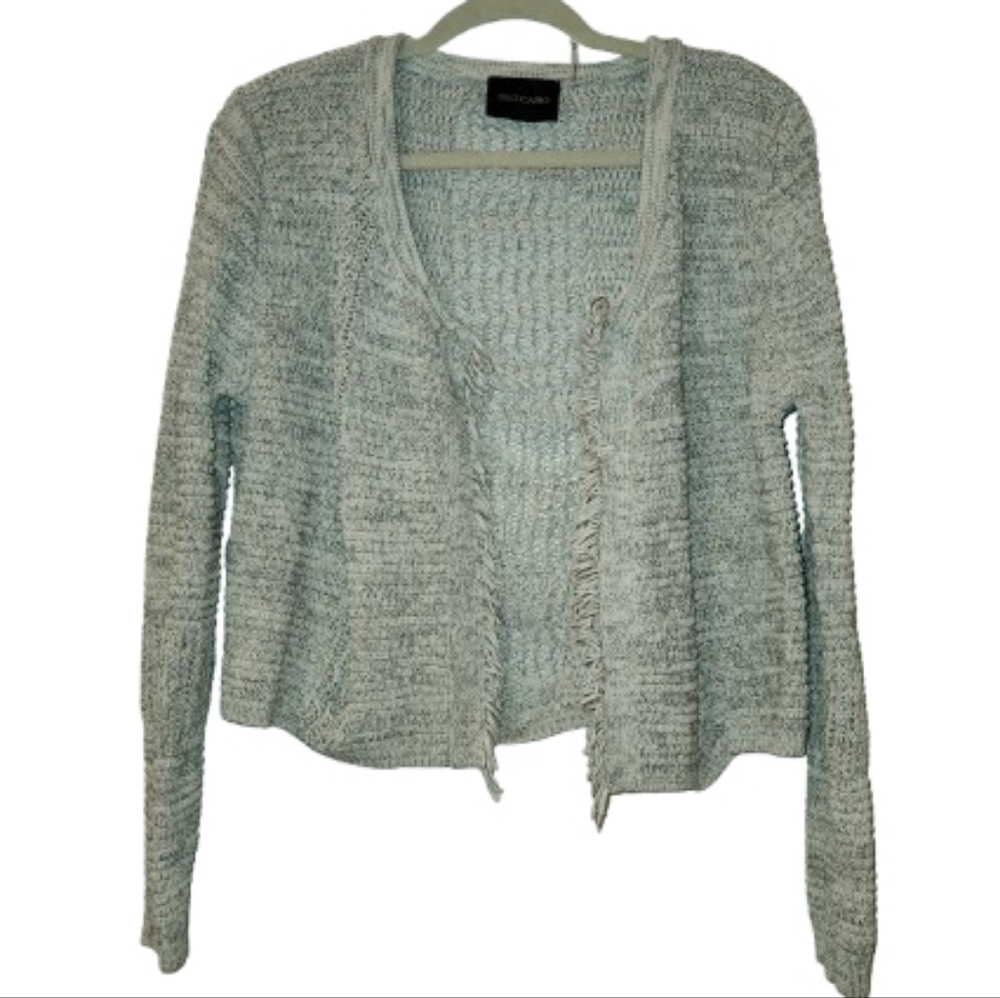 Dolce Cabo Light Gray Open Front Cardigan With Fringe Size M Back Knit Design